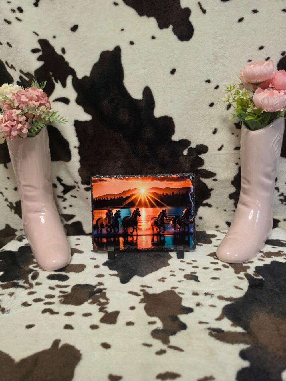 Photo Rock Horses On The Beach Sunset Picture Stone Plaque